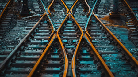 Close-up of train tracks converging at a railway junctionの素材
