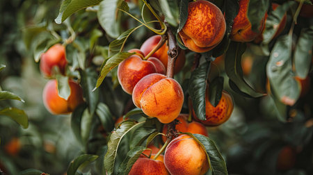 Close-up of nectarines hanging on branches in an orchard ready for pickingの素材