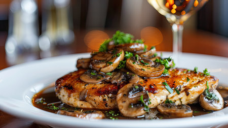 Flavorful chicken marsala with mushrooms and marsala wine sauce, served with a glass of pinot noirの素材