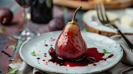 Elegant poached pear with a red wine reduction, served with a glass of dessert wineの素材