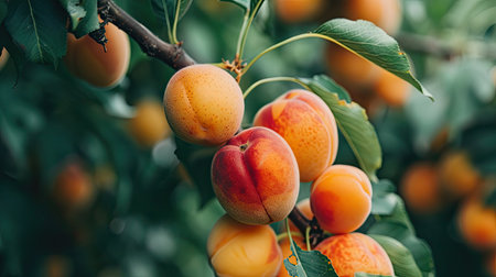 Close-up of ripe apricots on a branch in an orchardの素材