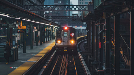 Commuter train arriving at a busy urban stationの素材