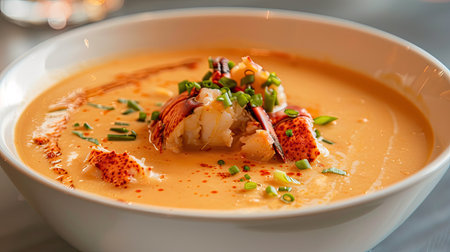 Creamy lobster bisque with chunks of lobster meat, served in a white bowlの素材