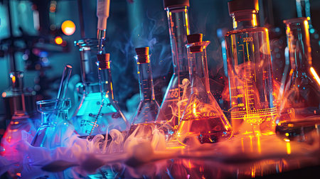Close-up of lab equipment and chemical reactionsの素材
