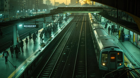 Commuter train arriving at a busy urban stationの素材