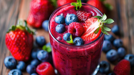 Freshly made berry smoothie in a glass with blueberries, strawberries, and raspberriesの素材