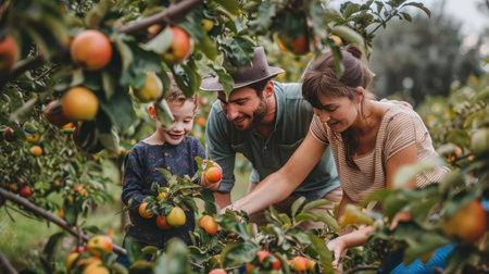 Family enjoying a day out in an orchard, picking fruits togetherの素材