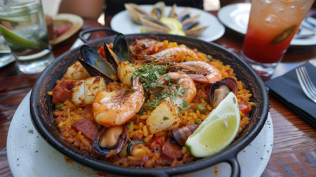 Flavorful paella with saffron rice, seafood, and chorizo, served with a glass of sangriaの素材