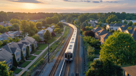 Commuter train moving through a suburban neighborhood with houses and treesの素材