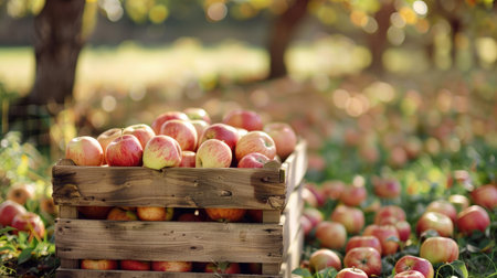 Freshly picked apples in a wooden crate in an orchardの素材
