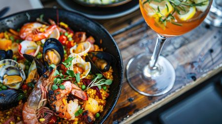 Flavorful paella with saffron rice, seafood, and chorizo, served with a glass of sangriaの素材