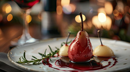 Elegant poached pear with a red wine reduction, served with a glass of dessert wineの素材