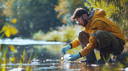 Environmental scientist testing water quality in a riverの素材