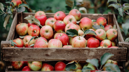 Freshly picked apples in a wooden crate in an orchardの素材