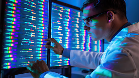 Geneticist examining DNA sequences on a computer monitorの素材