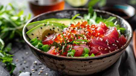 Exotic poke bowl with fresh tuna, avocado, and seaweed salad, served with a glass of sakeの素材