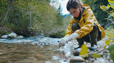 Environmental scientist testing water quality in a riverの素材