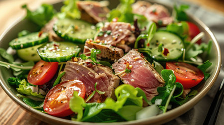 Fresh tuna salad with mixed greens, tomatoes, and cucumbers, drizzled with a lemon vinaigretteの素材