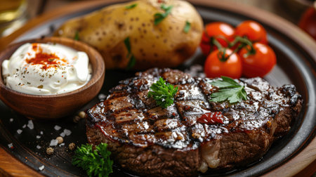 Grilled steak served with a side of baked potato and sour creamの素材