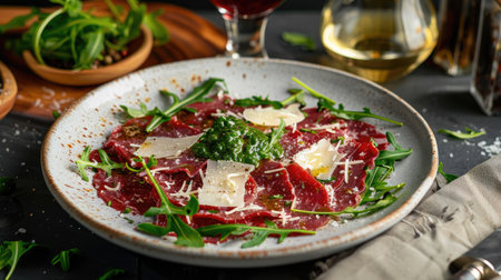 Elegant beef carpaccio with arugula, parmesan, and a drizzle of olive oil, served with a glass of red wineの素材