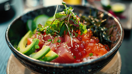 Exotic poke bowl with fresh tuna, avocado, and seaweed salad, served with a glass of sakeの素材