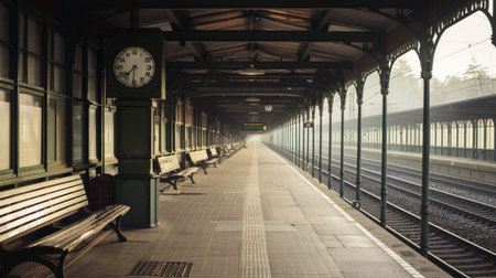 Empty train platform with a vintage clock and benchesの素材