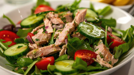 Fresh tuna salad with mixed greens, tomatoes, and cucumbers, drizzled with a lemon vinaigretteの素材