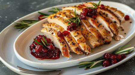 Freshly roasted turkey breast slices served with cranberry sauceの素材