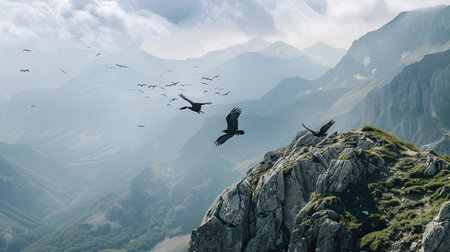 Eagles soaring above a rugged mountain landscapeの素材