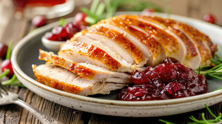 Freshly roasted turkey breast slices served with cranberry sauceの素材