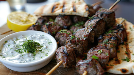 Grilled lamb kebabs served with a side of tzatziki sauce and pita breadの素材