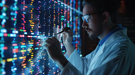 Geneticist studying genetic markers on a digital displayの素材