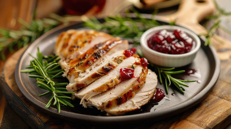Freshly roasted turkey breast slices served with cranberry sauceの素材