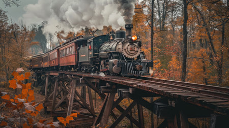 Historic steam train crossing a wooden trestle bridgeの素材