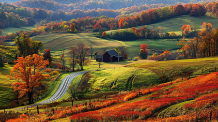 A picturesque fall landscape with a winding road through rolling hills covered in colorful foliage.の素材