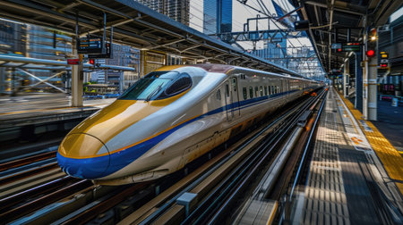 High-speed train entering a busy metropolitan stationの素材