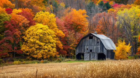 A picturesque fall landscape with a rustic barn surrounded by colorful trees.の素材