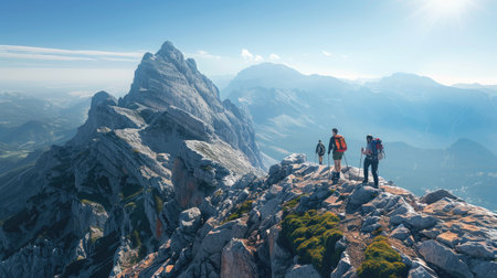 Hikers reaching the summit of a rocky mountain trailの素材
