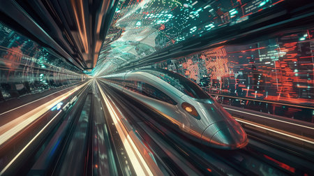 High-speed train traveling through a futuristic landscapeの素材