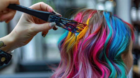 A professional hairstylist applying vibrant hair dye to a client's hair in a modern salon.の素材