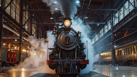 Historic steam locomotive on display at a railway museumの素材