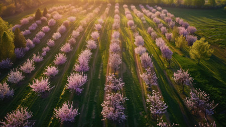 A peaceful field with rows of blooming cherry trees, creating a stunning orchard.の素材