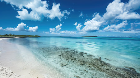 A picturesque lagoon with turquoise water and white sandy beaches under a clear blue sky.の素材