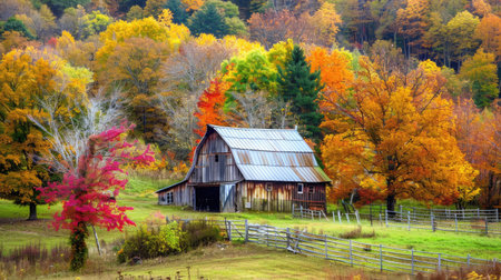 A picturesque fall landscape with a rustic barn surrounded by colorful trees.の素材