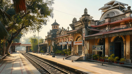 Historic train station with ornate architecture and vintage signsの素材