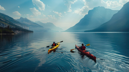 Kayakers paddling on a mountain lake with a scenic viewの素材