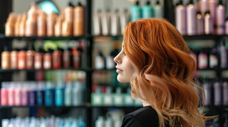 A professional hair colorist showcasing different hair dye brands and products.の素材