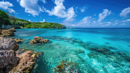 A peaceful lagoon with a rocky shoreline and clear, turquoise water.の素材