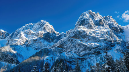 A picturesque mountain range covered in snow with a clear blue sky above.の素材