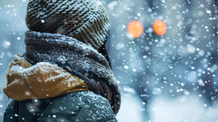 A person bundled up in a warm coat and scarf, standing in a snowstorm.の素材